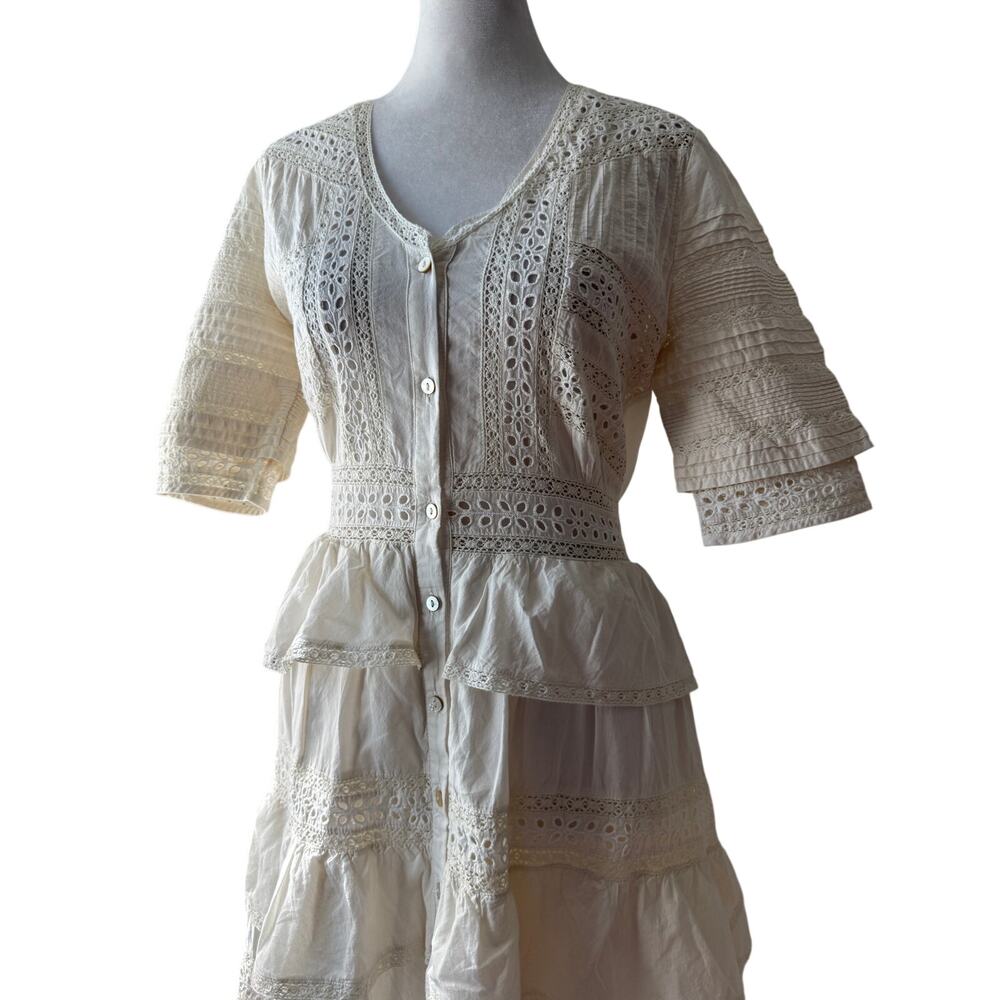 LoveShackFancy Rebecca 100% Cotton White Lace Embroidered Tiered Midi Dress - Picture 8 of 14
